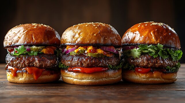 Stunning, ultra-realistic studio photograph featuring three gourmet miniature burgers arranged as a slider trio, each creatively topped with assorted premium ingredients and flavorful sauces,
