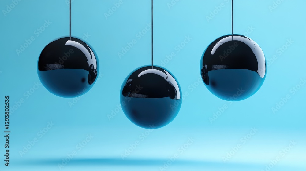 Poster abstract composition with suspended black spheres against a serene blue background, creating a moder