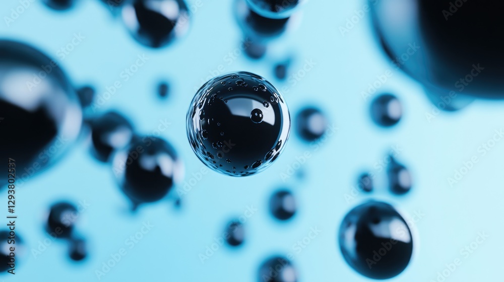 Poster abstract composition with suspended black spheres against a serene blue background, creating a moder