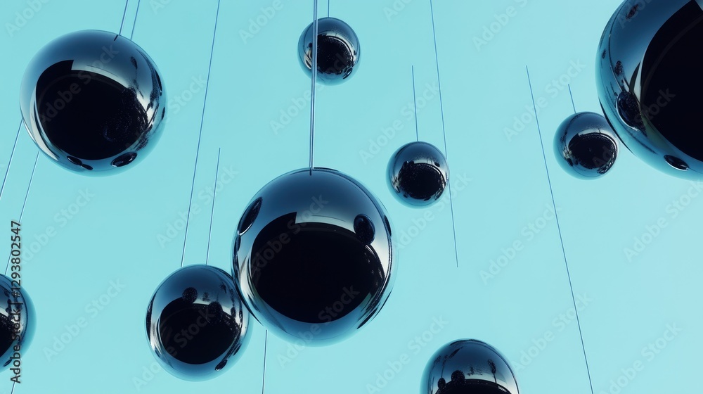Poster abstract composition with suspended black spheres against a serene blue background, creating a moder