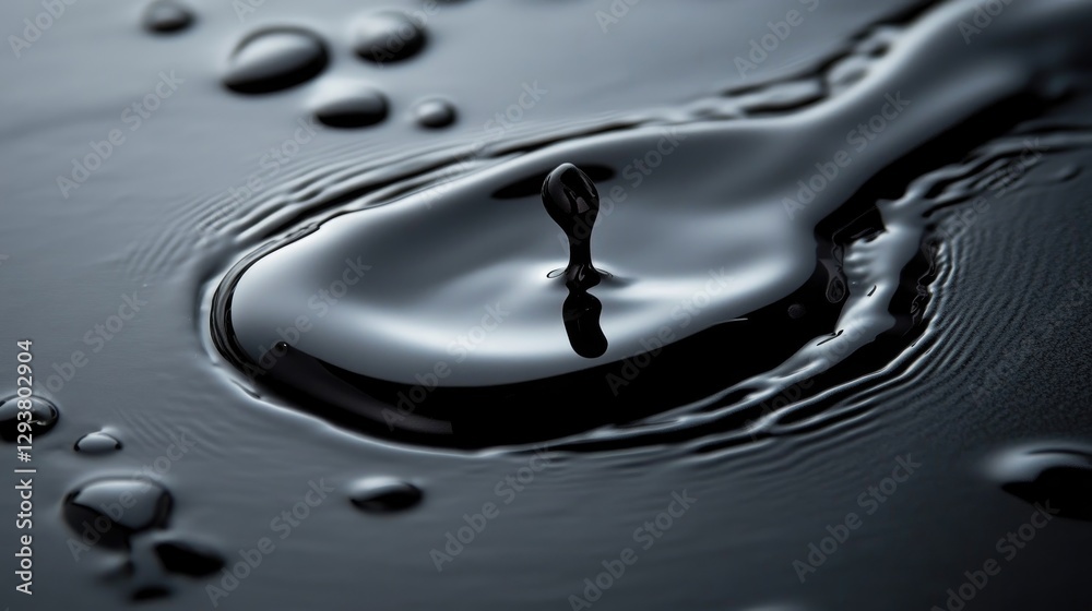 Poster abstract image of a black liquid spill spreading on a dark, reflective surface with a rich, glossy f