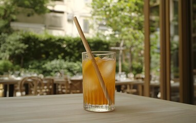 Refreshing Iced Tea Drink in Glass with Straw Outdoor Cafe Summer