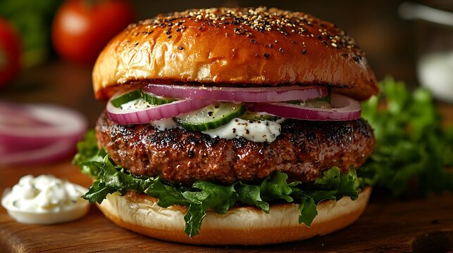 Stylish, detailed professional photography of Mediterranean-inspired lamb burger with herbed patty, feta cheese, cucumber yogurt dressing, sliced red onions, fresh tomato, leafy greens on artisan bun,