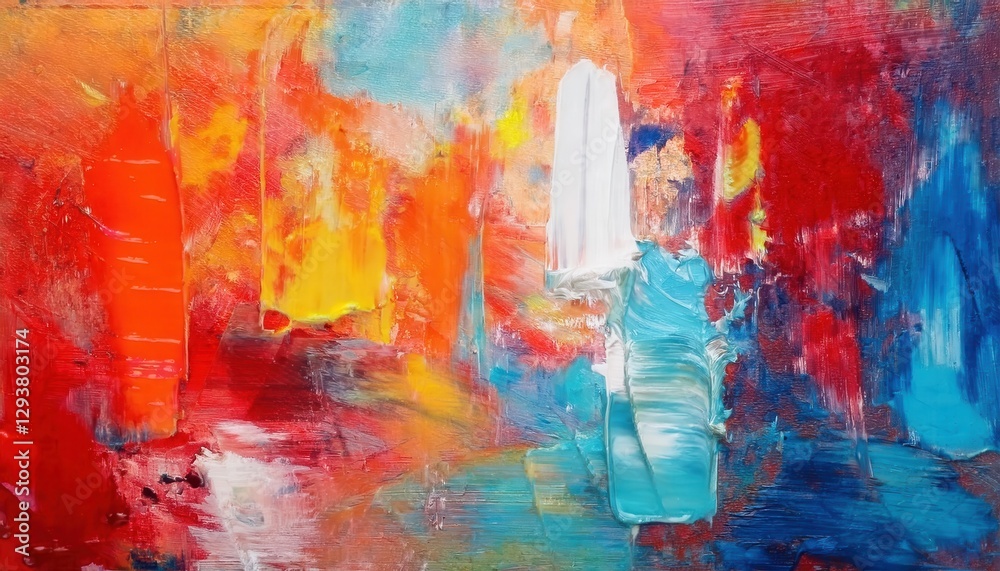 Aufkleber abstract expressionist painting with bold strokes of red, orange, blue, and white highlighting dynam