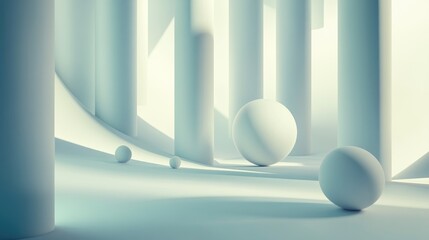 Abstract spheres and cylindrical shapes in a cool-toned, minimalist space, conveying tranquility and modernity, ideal for use in contemporary graphic design projects