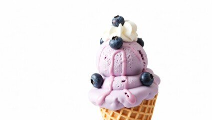 Photorealistic Lavender Ice Cream Cone with Blueberries – Creamy Summer Dessert in Vibrant 3D Render Style