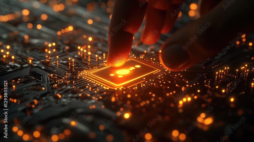 Poster AI and machine learning concept with a man touching a glowing AI icon on an electronic circuit, showcasing futuristic technology