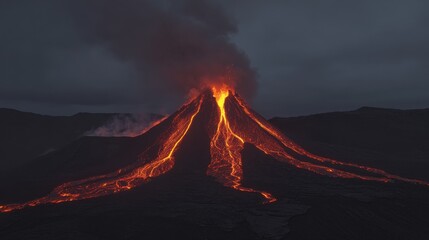 A dramatic sunset over an erupting volcano, glowing lava cascading down the slopes,