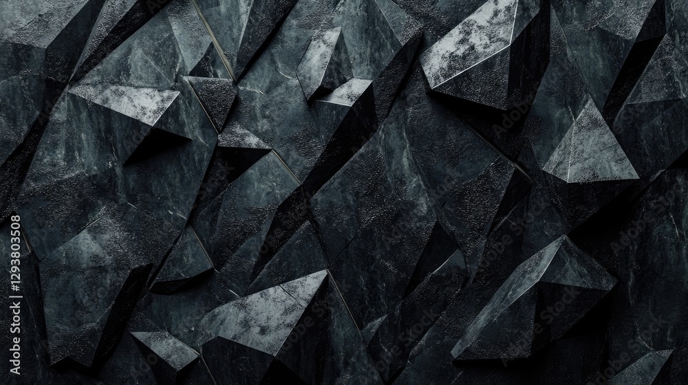Poster an abstract composition featuring black geometric stone shapes with intricate textures and dramatic 