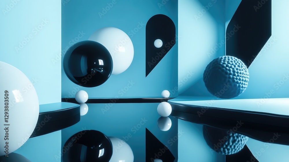 Poster An abstract composition featuring floating spheres and geometric shapes in a sleek blue and black environment, with reflections and shadows adding depth to the scene