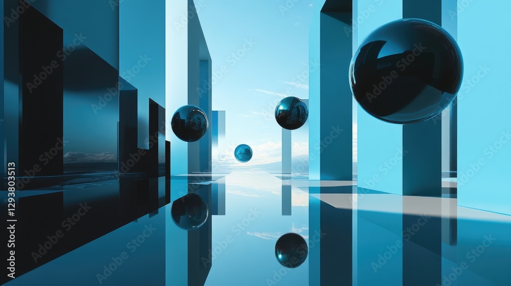 Aufkleber An abstract composition featuring floating spheres and geometric shapes in a sleek blue and black environment, with reflections and shadows adding depth to the scene