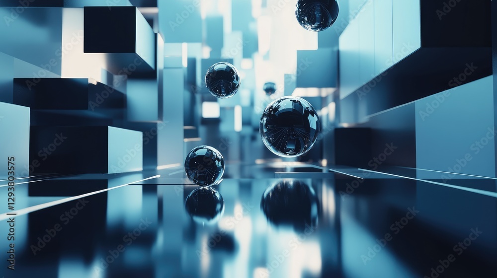 Aufkleber An abstract composition featuring floating spheres and geometric shapes in a sleek blue and black environment, with reflections and shadows adding depth to the scene