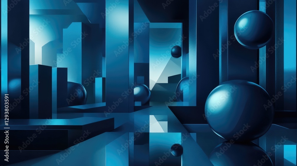 Poster An abstract composition featuring floating spheres and geometric shapes in a sleek blue and black environment, with reflections and shadows adding depth to the scene