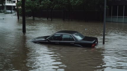 A car stuck in a flooded street with water rising rapidly, symbolizing urban climate challenges,
