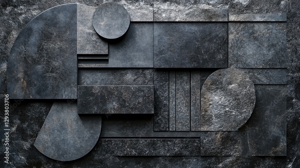 Poster an artistic arrangement of black geometric stone shapes, with intricate textures and lighting effect