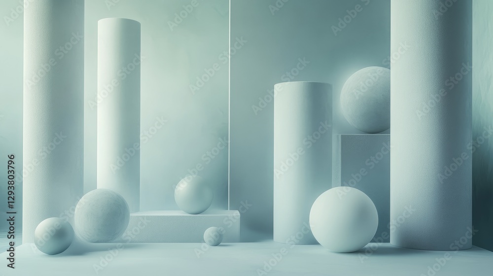 Aufkleber an artistic arrangement of spheres and cylindrical forms in a calming, cool-toned environment, captu