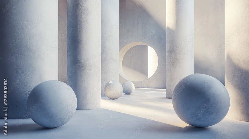 Aufkleber An artistic arrangement of spheres and cylindrical forms in a calming, cool-toned environment, capturing depth and tranquility with a touch of modern flair for design work
