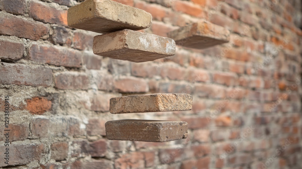 Aufkleber an artistic shot of floating bricks suspended against a rustic brick wall, capturing the illusion of