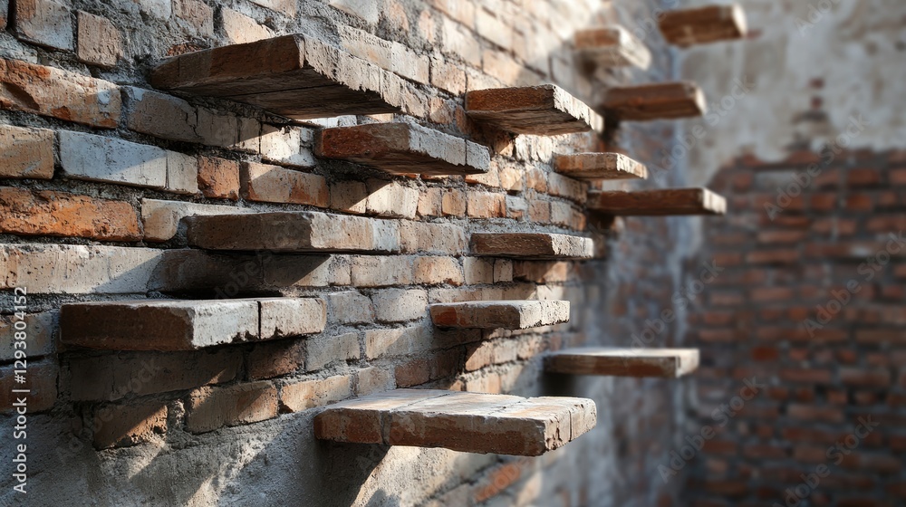 Leinwandbilder an artistic shot of floating bricks suspended against a rustic brick wall, capturing the illusion of