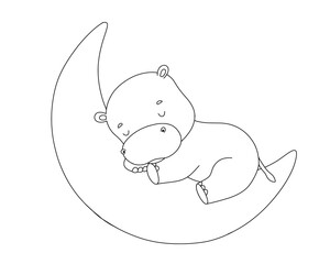 Baby hippo sleep on moon, vector line illustration for coloring book
