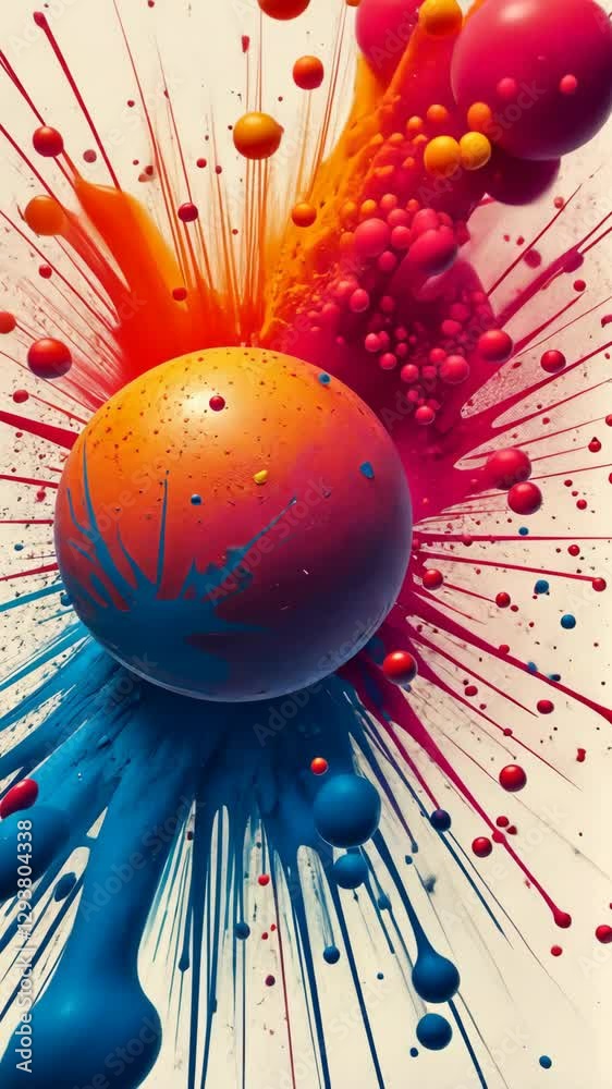 Poster a colorful ball with a blue and red stripe. the ball is surrounded by a splash of paint