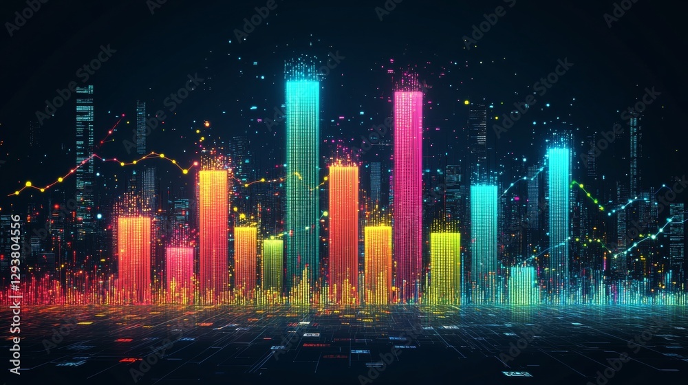 Poster abstract data visualization with bar graph in gradient blue, overlaying line chart, vibrant colors