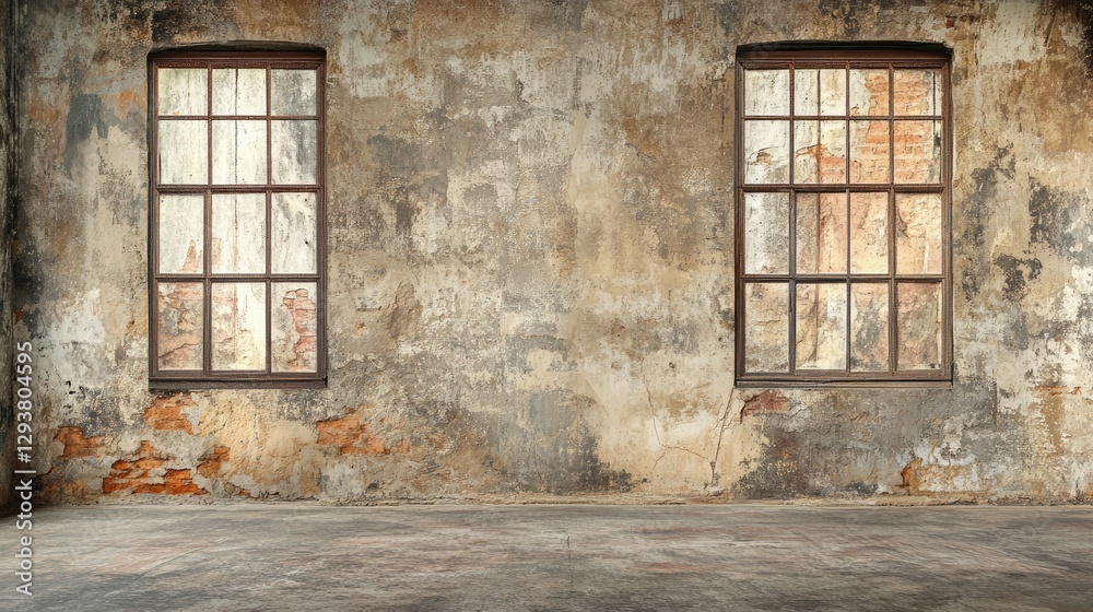 Poster An old textured wall with panoramic windows, offering ample space for adding text or graphics, perfect for architectural or rustic-themed designs