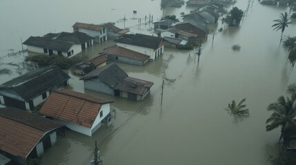 A small village submerged in floodwaters, only rooftops visible, devastating natural disaster,