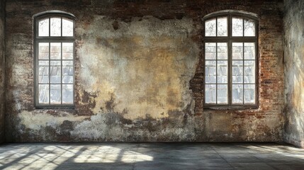 Fototapeta premium An old textured wall with panoramic windows, offering ample space for adding text or graphics, perfect for architectural or rustic-themed designs