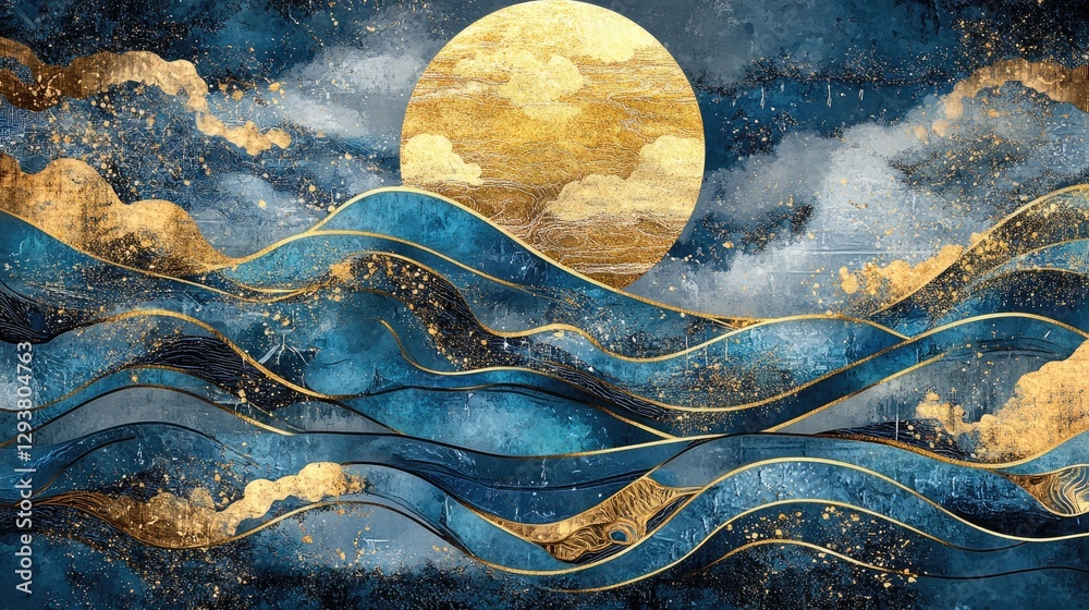Poster Artistic digital representation of a blue and gold landscape, blending geometric patterns with fluid, dynamic shapes