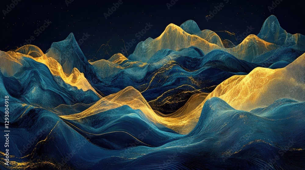 Poster artistic digital representation of a blue and gold landscape, blending geometric patterns with fluid