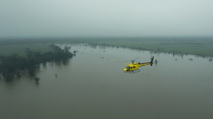 Fototapeta premium A helicopter flying over a flooded region, conducting a rescue mission