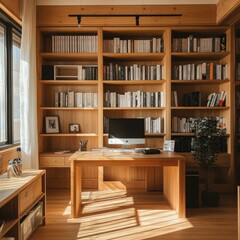 Wooden desk in a room with a bookshelf and computer