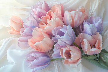 Obraz premium a bouquet of tulips with a pink ribbon tied around it and a bow on the side of the bouquet