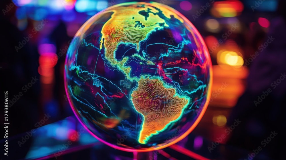 Poster illuminated globe rotating and displaying colorful lines representing internet of things data connec