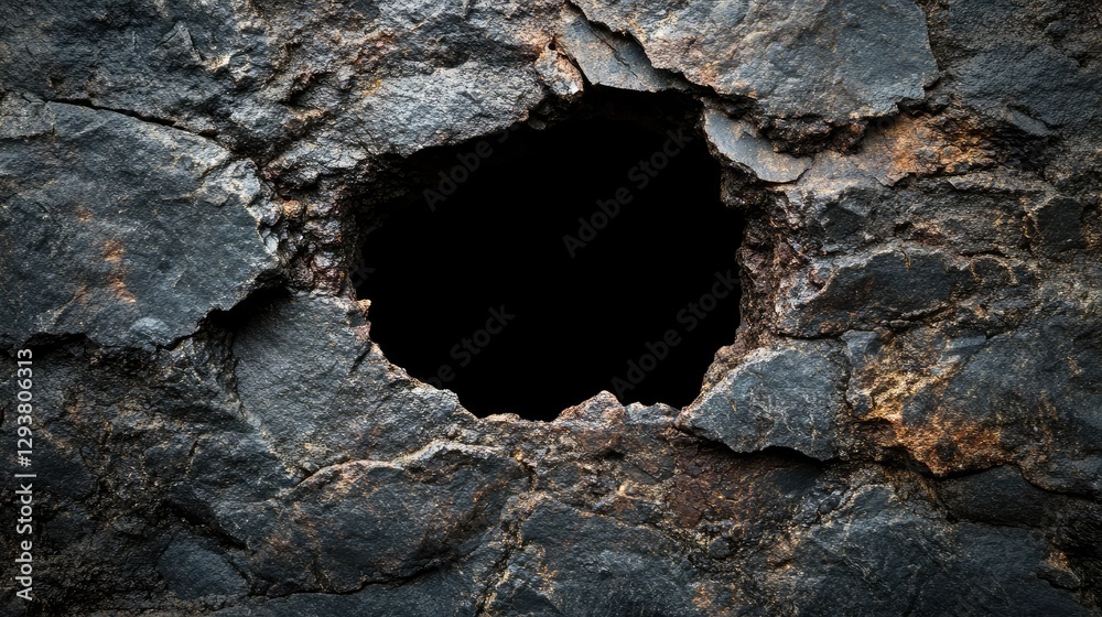Poster Close-up of a dark stone surface with rough textures and a deep hole, showing the natural imperfections of the material