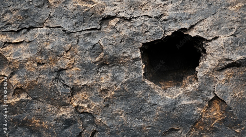 Poster close-up of a dark stone surface with rough textures and a deep hole, showing the natural imperfecti