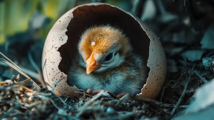 Newly Hatched Chick Emerging from Eggshell in Natural Habitat