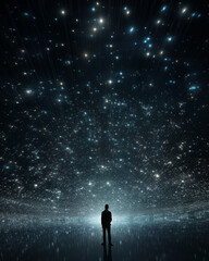 A lone figure stands beneath a vast sky filled with glowing stars, creating a sense of wonder, isolation, and cosmic beauty.