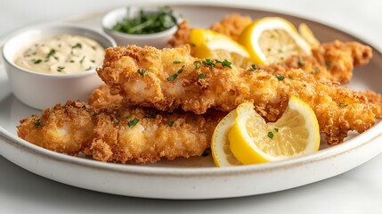 Delicious fried fish with lemon wedges and tartar sauce