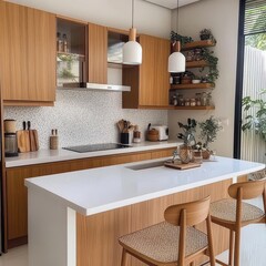 Fototapeta premium Modern kitchen showcases wooden cabinets and natural minimalistic interior design