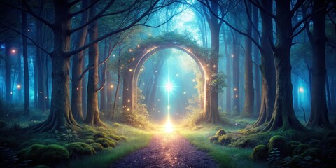 Obraz premium Mysterious Magic Forest Gate at Twilight, glowing portal, mystical energy