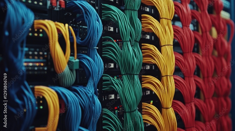 Poster Close-up of a server rack with neatly bundled, color-coded network cables connected to a switch panel, symbolizing advanced tech and organization