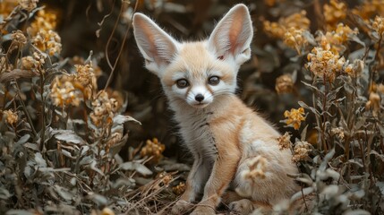 Fototapeta premium Adorable Fennec Fox Sitting Among Yellow Flowers in Nature