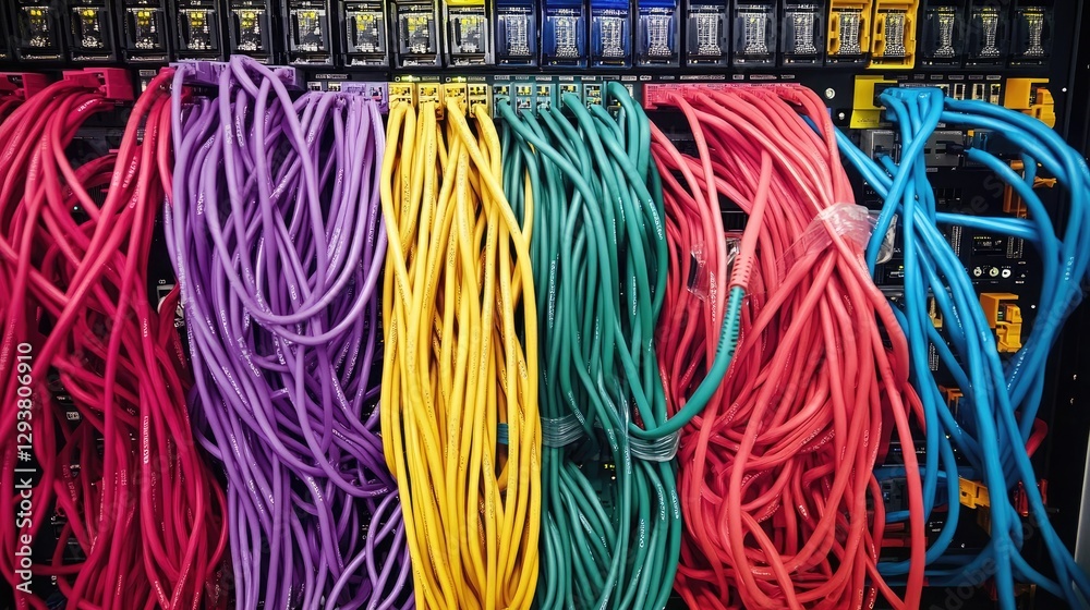 Aufkleber Close-up of a server rack with neatly bundled, color-coded network cables connected to a switch panel, symbolizing advanced tech and organization
