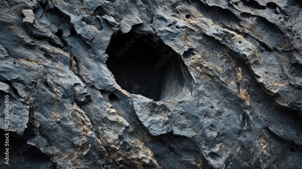 Poster close-up of a textured dark stone with a hole, emphasizing the deep, mysterious look of natural rock