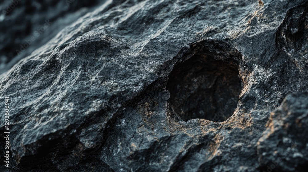 Poster close-up of a textured dark stone with a hole, emphasizing the deep, mysterious look of natural rock