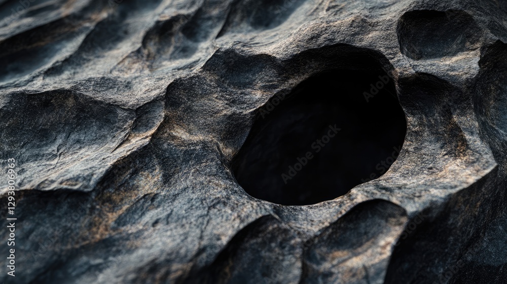 Poster close-up of a textured dark stone with a hole, emphasizing the deep, mysterious look of natural rock