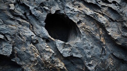 Close-up of a textured dark stone with a hole, emphasizing the deep, mysterious look of natural rock formations