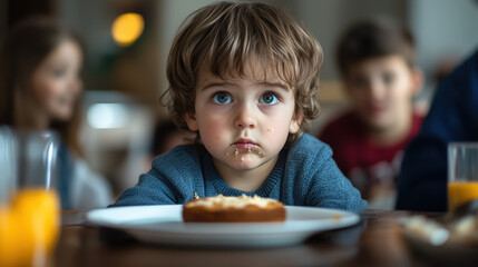 A child at a birthday party looking sad while others eat cake, due to a food